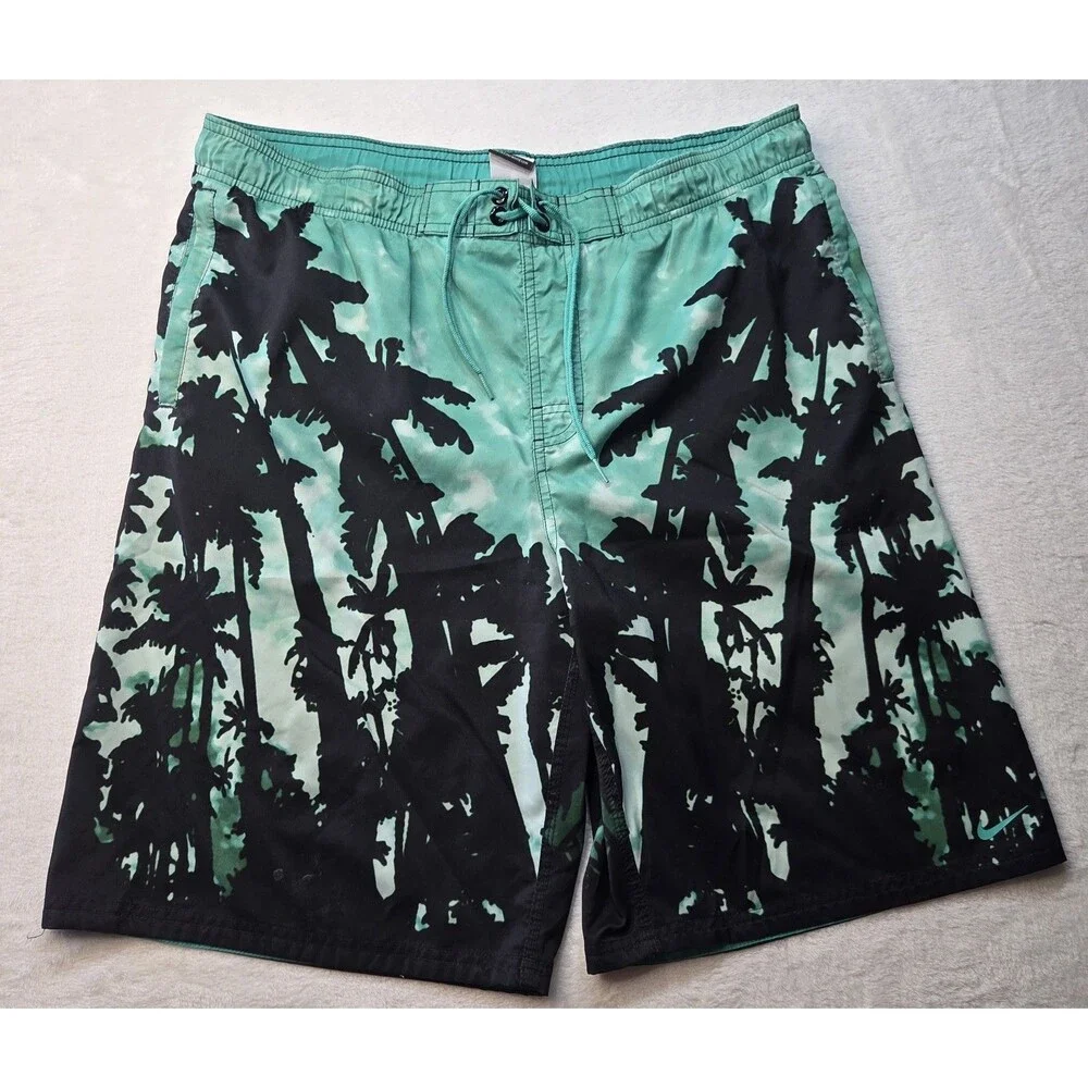 Nike Swim Trunks Board Shorts Men's Large Black Teal Palm Tree Graphic Tropical